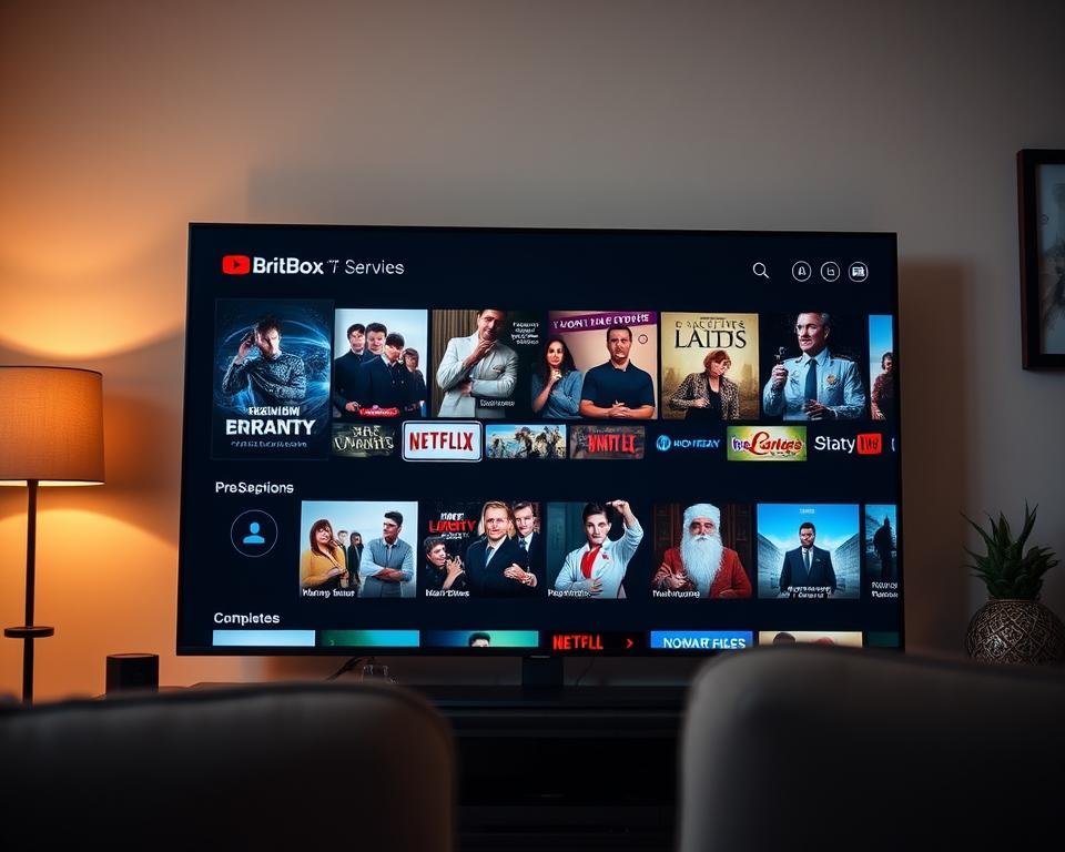 A high-quality, cinematic image of a modern IPTV service interface showcasing a selection of premium American TV content from BritBox. The interface features a sleek, dark user interface with vibrant, colorful thumbnails and icons highlighting various TV shows, movies, and other media from the BritBox catalog. The scene is lit by a warm, soft light, creating a cozy, immersive atmosphere. The camera angle is slightly elevated, providing a clear, unobstructed view of the interface. The overall composition is balanced and visually appealing, effectively conveying the idea of a premium, content-focused IPTV service catering to US viewers. A high-quality, cinematic image of a modern IPTV service interface showcasing a selection of premium American TV content from BritBox. The interface features a sleek, dark user interface with vibrant, colorful thumbnails and icons highlighting various TV shows, movies, and other media from the BritBox catalog. The scene is lit by a warm, soft light, creating a cozy, immersive atmosphere. The camera angle is slightly elevated, providing a clear, unobstructed view of the interface. The overall composition is balanced and visually appealing, effectively conveying the idea of a premium, content-focused IPTV service catering to US viewers.