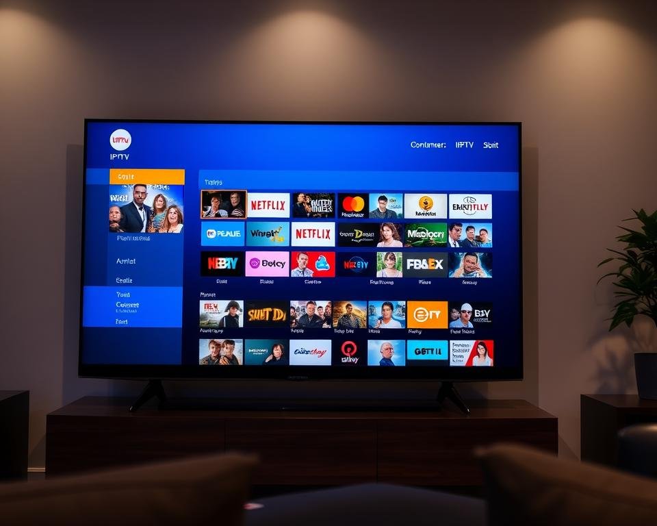 A high-quality, detailed IPTV channel lineup displayed on a sleek, modern TV screen. The screen is positioned in a well-lit living room setting, with soft, directional lighting creating depth and highlighting the on-screen content. The channel lineup is presented in a clean, organized grid layout, showcasing a wide variety of entertainment options across different genres and categories. The overall scene conveys a sense of focus, clarity, and an effortless, premium streaming experience. A high-quality, detailed IPTV channel lineup displayed on a sleek, modern TV screen. The screen is positioned in a well-lit living room setting, with soft, directional lighting creating depth and highlighting the on-screen content. The channel lineup is presented in a clean, organized grid layout, showcasing a wide variety of entertainment options across different genres and categories. The overall scene conveys a sense of focus, clarity, and an effortless, premium streaming experience.