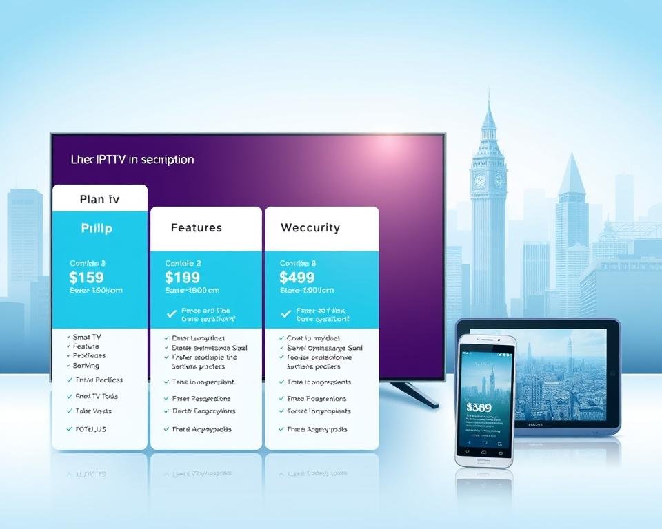 A high-quality, detailed illustration of USA IPTV subscription plans. The foreground features a sleek, modern interface displaying different plan options with pricing, features, and benefits. The middle ground showcases various devices (smart TV, smartphone, tablet) accessing the IPTV service, highlighting its cross-platform accessibility. The background depicts a cityscape of the USA, representing the domestic market. The lighting is bright and crisp, with a cool color palette to convey a professional, trustworthy atmosphere. The composition emphasizes the value proposition of the IPTV plans through clear, legible information and visually engaging imagery.