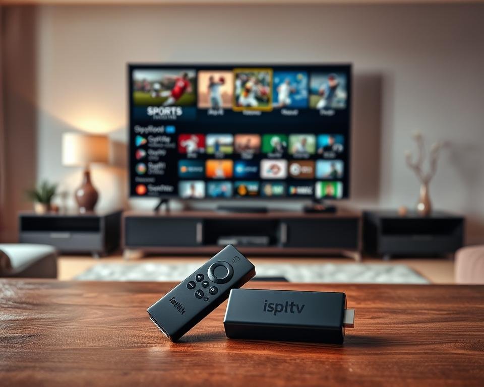 A high-quality, detailed image of a Firestick device displaying a variety of sports-focused IPTV channels. The Firestick is placed on a wooden surface in the foreground, casting a soft shadow. The middle ground features a sleek, modern living room setup with a large flat-screen TV and minimal decor. The background showcases a warm, cozy atmosphere with soft lighting and muted colors, creating a comfortable, inviting environment. The overall scene conveys the idea of a sports enthusiast enjoying a wide range of live sports content on their Firestick-powered IPTV service. A high-quality, detailed image of a Firestick device displaying a variety of sports-focused IPTV channels. The Firestick is placed on a wooden surface in the foreground, casting a soft shadow. The middle ground features a sleek, modern living room setup with a large flat-screen TV and minimal decor. The background showcases a warm, cozy atmosphere with soft lighting and muted colors, creating a comfortable, inviting environment. The overall scene conveys the idea of a sports enthusiast enjoying a wide range of live sports content on their Firestick-powered IPTV service.