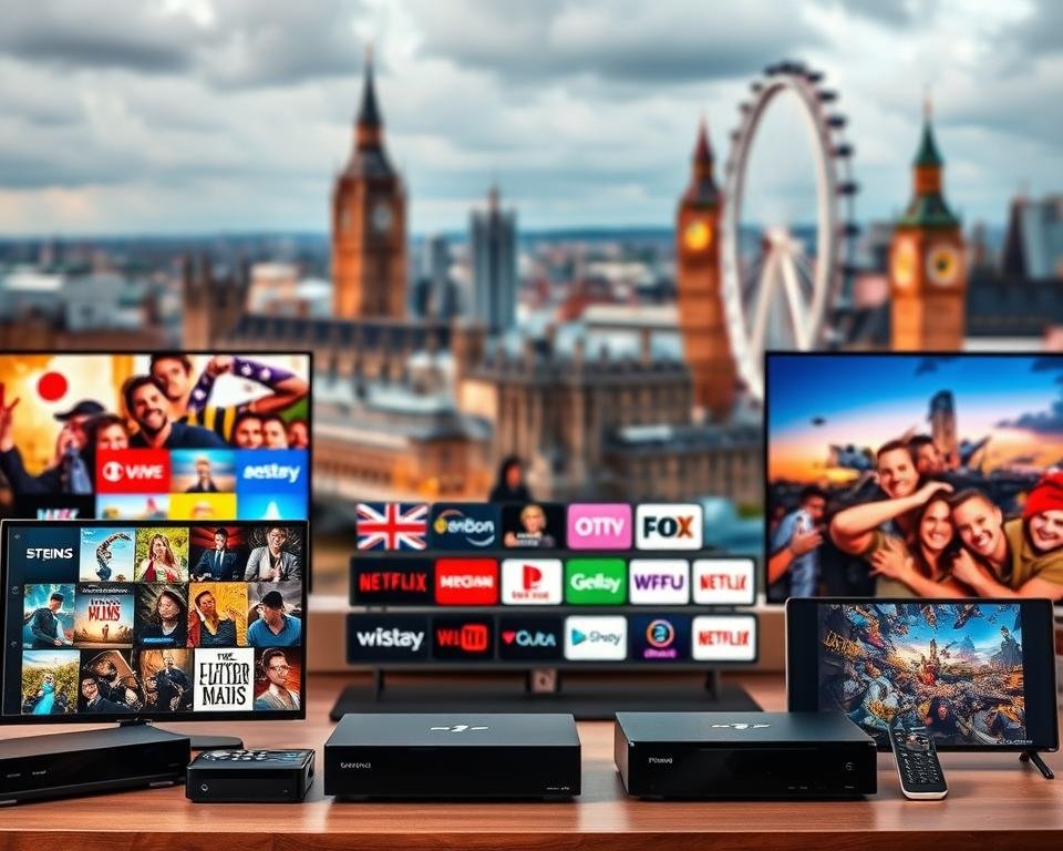 A high-quality, detailed image of various IPTV service options available in the USA. In the foreground, showcase a variety of streaming devices such as smart TVs, set-top boxes, and mobile devices, all displaying vibrant and diverse content. In the middle ground, depict a range of IPTV service logos and branding, highlighting the broad selection of providers. In the background, include a cityscape of the USA, with iconic landmarks like Big Ben and the London Eye, to establish the geographic context. Illuminate the scene with warm, natural lighting and a slightly cinematic depth of field to create a polished, professional appearance.
