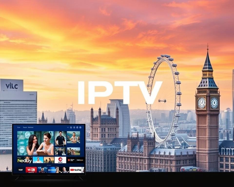 A high-quality, high-definition image of a modern, professional-looking IPTV service provider in the USA. The foreground features a clean, minimalist user interface showcasing the wide range of live TV channels and on-demand content available, with sleek icons and a simple color scheme. The middle ground displays a large, prominent logo or brand name, conveying the company's reliability and credibility. The background depicts a cityscape of London's iconic landmarks, such as the Big Ben and the London Eye, under a vibrant, warm-toned sky with subtle lens flare effects, creating an aspirational, metropolitan atmosphere. The overall composition should be well-balanced, visually appealing, and effectively communicate the comprehensive service offering of a top IPTV provider in the USA. A high-quality, high-definition image of a modern, professional-looking IPTV service provider in the USA. The foreground features a clean, minimalist user interface showcasing the wide range of live TV channels and on-demand content available, with sleek icons and a simple color scheme. The middle ground displays a large, prominent logo or brand name, conveying the company's reliability and credibility. The background depicts a cityscape of London's iconic landmarks, such as the Big Ben and the London Eye, under a vibrant, warm-toned sky with subtle lens flare effects, creating an aspirational, metropolitan atmosphere. The overall composition should be well-balanced, visually appealing, and effectively communicate the comprehensive service offering of a top IPTV provider in the USA.
