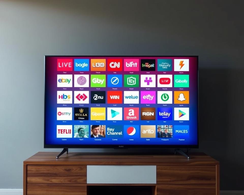 A high-quality image of various USA live television channels displayed on a modern flat-screen TV set, placed on a wooden entertainment unit against a minimalist gray wall background. The screen shows a diverse array of channel logos and program thumbnails, capturing the breadth of content available on USA television. The lighting is soft and natural, highlighting the sleek, high-tech design of the TV. The camera angle is slightly elevated, providing a clean, unobstructed view of the scene. The overall composition conveys a sense of informative, visually engaging presentation suitable for an article on IPTV and USA television programming.