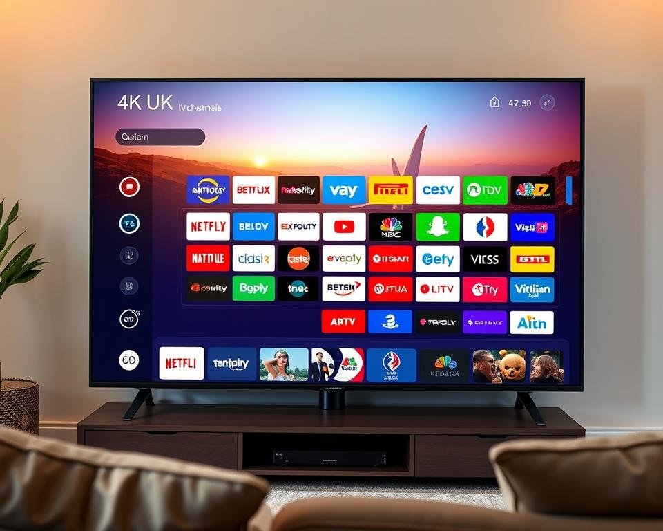 A high-quality modern IPTV service interface on a 4K UHD smart TV, showcasing a wide array of international channels from the USA. The screen displays a visually appealing grid layout with crisp, vibrant channel logos, accompanied by streamlined menus and intuitive controls. The living room setting is well-lit with warm, natural lighting, creating a cozy and immersive viewing experience. The image conveys a sense of technological sophistication and global connectivity, reflecting the comprehensive nature of the IPTV service. A high-quality modern IPTV service interface on a 4K UHD smart TV, showcasing a wide array of international channels from the USA. The screen displays a visually appealing grid layout with crisp, vibrant channel logos, accompanied by streamlined menus and intuitive controls. The living room setting is well-lit with warm, natural lighting, creating a cozy and immersive viewing experience. The image conveys a sense of technological sophistication and global connectivity, reflecting the comprehensive nature of the IPTV service.