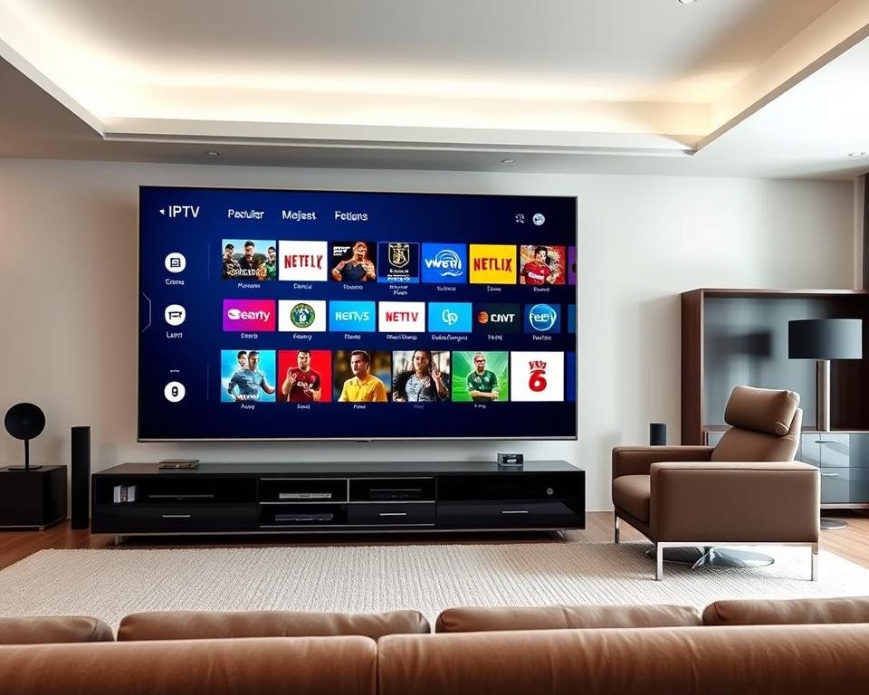 A high-quality, photorealistic image of a living room setup with a large flatscreen TV displaying an array of popular USA IPTV channels. The TV is positioned prominently in the foreground, surrounded by sleek, modern home entertainment furniture. The middle ground features a cozy sofa and armchair, creating a comfortable viewing experience. The background showcases a minimalist, well-lit interior design with neutral tones and clean lines, emphasizing the premium, high-tech nature of the IPTV system. The lighting is soft and natural, accentuating the clarity and vibrancy of the TV display. The overall scene conveys a sense of elevated, immersive home entertainment.