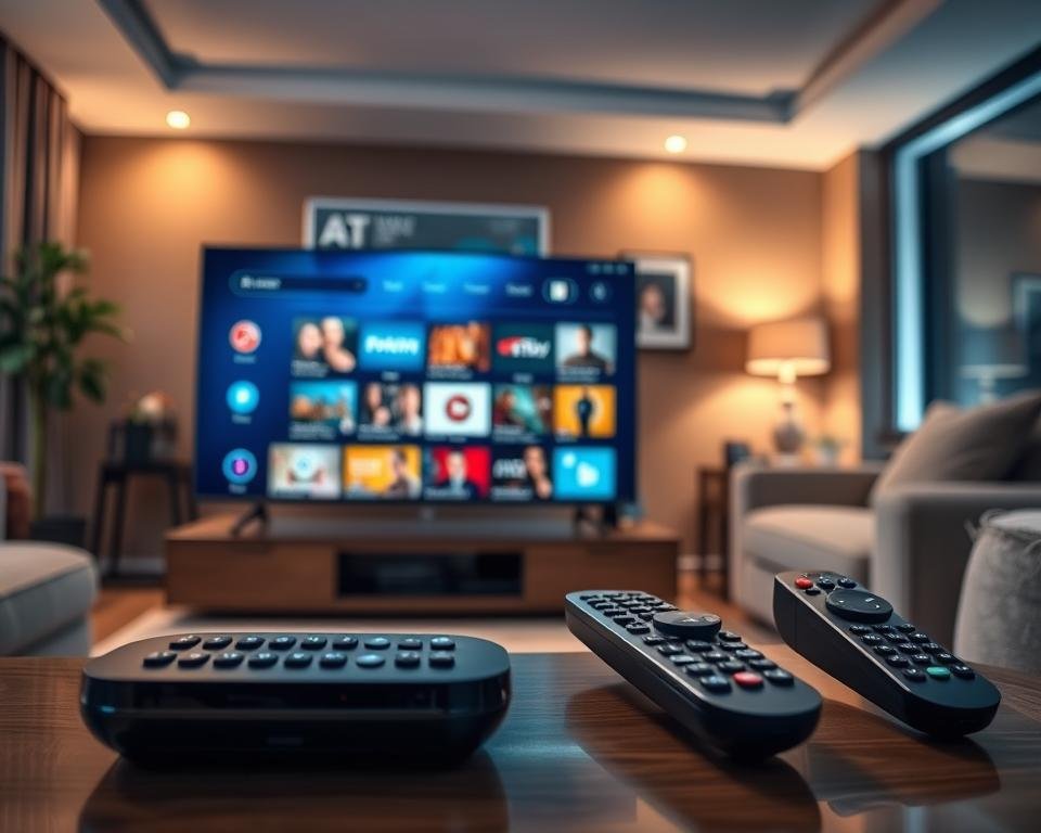 A high-quality, photorealistic image of an IPTV service in the USA. In the foreground, a sleek, modern smart TV or streaming device prominently displays the IPTV service's user interface, showcasing its intuitive navigation and rich content library. The middle ground features various remote controls, highlighting the ease of access and control. In the background, a cozy living room setting with plush furniture and ambient lighting creates a comfortable, inviting atmosphere for enjoying the IPTV experience. The image conveys the reliability, versatility, and user-friendliness of the IPTV service, reflecting the "Key Features of Our IPTV Service" section of the article.