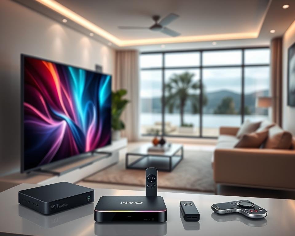 A high-quality, professional photograph of the benefits of a premium IPTV USA service. In the foreground, a sleek, modern smart TV displaying a vivid, high-definition image. In the middle ground, various streaming devices such as a set-top box, dongle, and mobile device, showcasing the diverse compatibility. The background features a clean, minimalist living room setting with modern furnishings, subtle lighting, and a large window overlooking a scenic outdoor view. The overall mood is one of sophistication, technology, and the seamless integration of premium entertainment into the home environment.