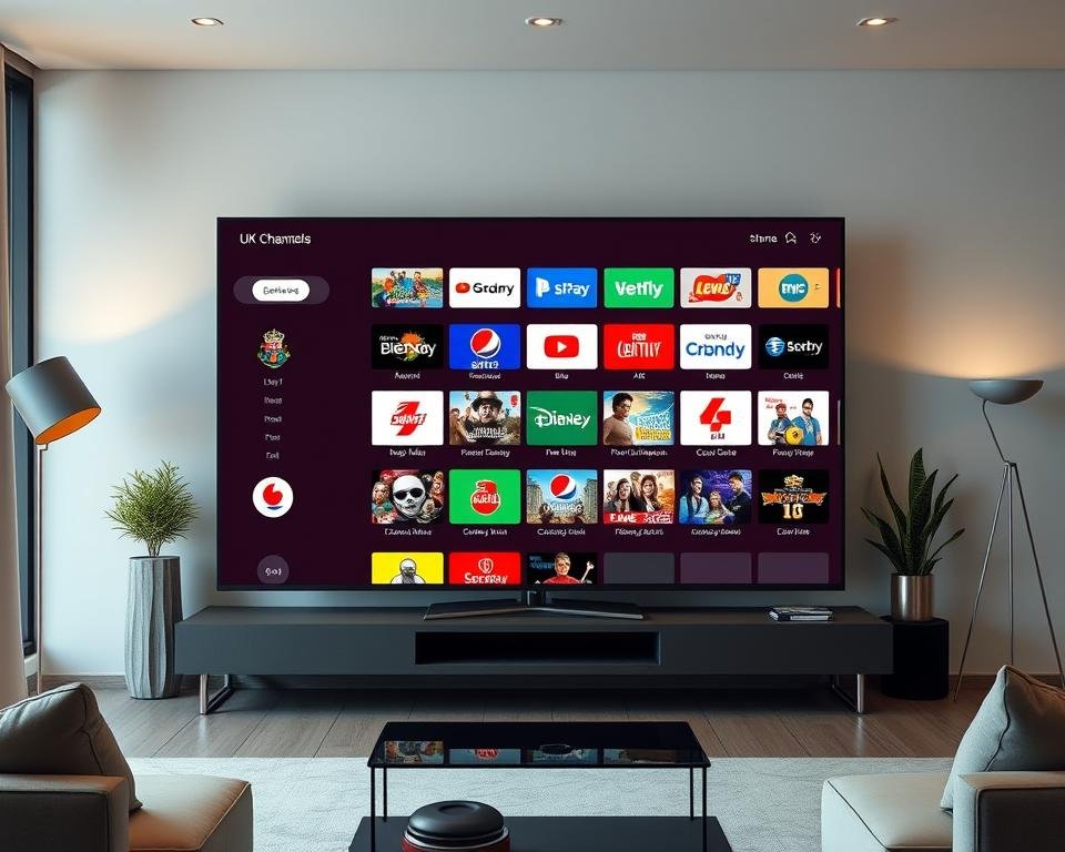 A high-quality, realistic image of a modern IPTV service interface showcasing various USA television channels. The interface is presented on a large, sleek display in a contemporary living room setting. The channels are organized neatly in a grid layout, with clear icons and crisp, vibrant visuals. Subtle lighting from floor lamps and a large window creates a warm, inviting atmosphere. The room features minimalist furniture and decor, allowing the IPTV interface to be the central focus. The overall scene conveys a sense of comfort, technology, and entertainment, reflecting the premium nature of the IPTV service. A high-quality, realistic image of a modern IPTV service interface showcasing various USA television channels. The interface is presented on a large, sleek display in a contemporary living room setting. The channels are organized neatly in a grid layout, with clear icons and crisp, vibrant visuals. Subtle lighting from floor lamps and a large window creates a warm, inviting atmosphere. The room features minimalist furniture and decor, allowing the IPTV interface to be the central focus. The overall scene conveys a sense of comfort, technology, and entertainment, reflecting the premium nature of the IPTV service.