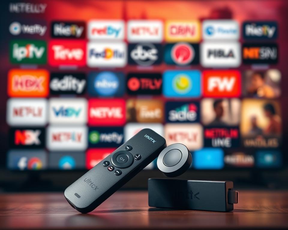 A high-quality, realistic image of an IPTV service for a Firestick device in the USA. The foreground shows a Firestick remote control and a Firestick device against a blurred background of various IPTV channel logos and content thumbnails. The Firestick device is positioned prominently, with a warm, soft lighting highlighting its sleek design. The background has a subtle gradient, creating a sense of depth and professionalism. The overall mood is one of premium entertainment and seamless streaming, reflecting the high-quality IPTV service for Firestick users in the USA. A high-quality, realistic image of an IPTV service for a Firestick device in the USA. The foreground shows a Firestick remote control and a Firestick device against a blurred background of various IPTV channel logos and content thumbnails. The Firestick device is positioned prominently, with a warm, soft lighting highlighting its sleek design. The background has a subtle gradient, creating a sense of depth and professionalism. The overall mood is one of premium entertainment and seamless streaming, reflecting the high-quality IPTV service for Firestick users in the USA.