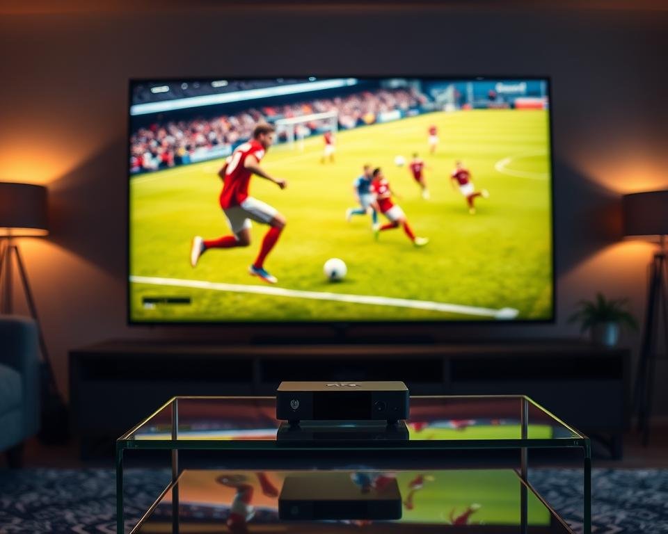 A high-quality sports streaming experience, showcased in a sleek and modern display. The foreground features a large 4K television with a vibrant, high-contrast image of a live soccer match. The screen is surrounded by subtle lighting effects, creating a sense of depth and immersion. In the middle ground, a high-end media streaming device rests on a minimalist entertainment stand, its clean design complementing the overall aesthetic. The background depicts a cozy, yet sophisticated living room setting, with warm lighting and subtle decor elements that evoke a premium, cinematic atmosphere. The overall scene conveys a sense of effortless, top-tier sports viewing, catering to the discerning tastes of the modern sports enthusiast. A high-quality sports streaming experience, showcased in a sleek and modern display. The foreground features a large 4K television with a vibrant, high-contrast image of a live soccer match. The screen is surrounded by subtle lighting effects, creating a sense of depth and immersion. In the middle ground, a high-end media streaming device rests on a minimalist entertainment stand, its clean design complementing the overall aesthetic. The background depicts a cozy, yet sophisticated living room setting, with warm lighting and subtle decor elements that evoke a premium, cinematic atmosphere. The overall scene conveys a sense of effortless, top-tier sports viewing, catering to the discerning tastes of the modern sports enthusiast.