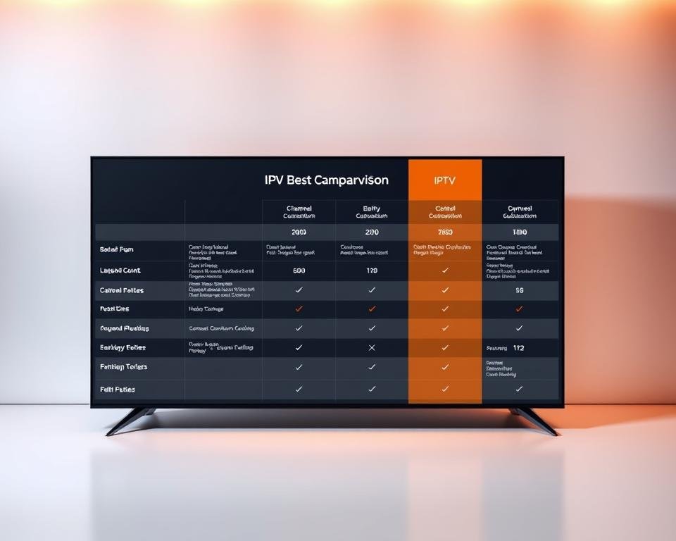 A high-quality, stylish comparison table showcasing the best IPTV subscription plans in the USA. The table is set against a sleek, modern background, with a clean, minimalist design. The plan details are presented in a clear, organized manner, with relevant information such as channel count, price, and features. The table is illuminated by warm, directional lighting, creating a premium, high-end look. The overall composition conveys a sense of professionalism and attention to detail, reflecting the article's focus on elevating the TV experience with premium IPTV options.