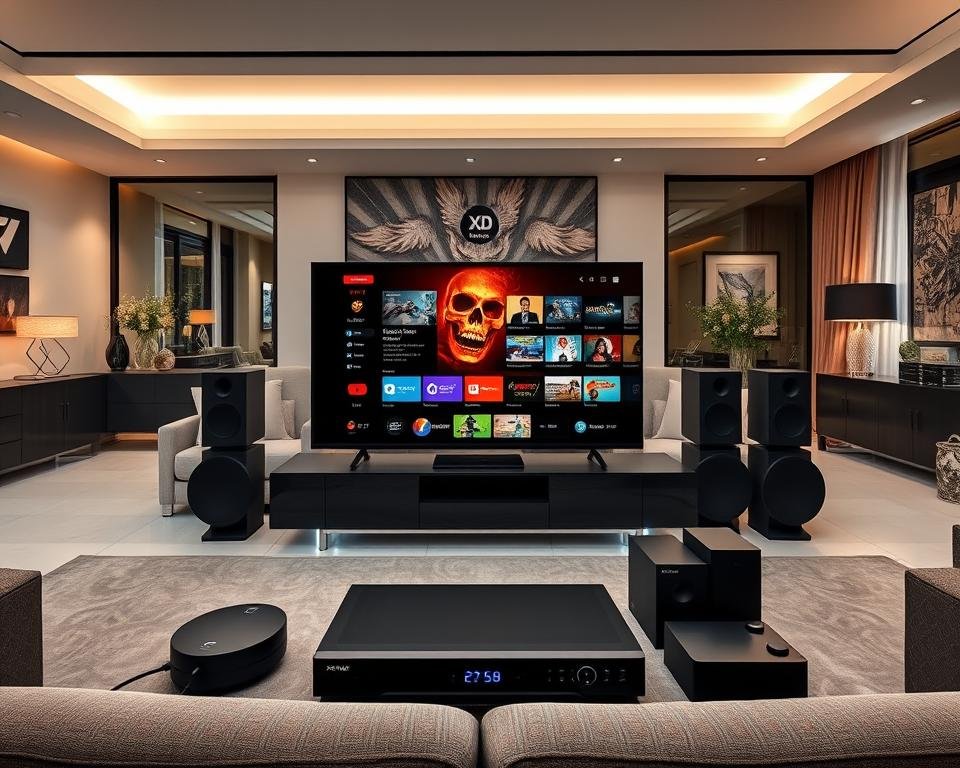 A high-quality, ultra-detailed, 8K, wide-angle photograph of an elegant and modern home entertainment setup showcasing the comprehensive features of Xtreme HD USA IPTV. In the foreground, a sleek black TV displays a vibrant, high-definition streaming interface. Surrounding it, various peripheral devices like a state-of-the-art media player, a sophisticated voice control assistant, and a surround sound system with premium speakers. In the middle ground, a minimalist entertainment console holds the components, complemented by ambient lighting and modern decor. The background features a spacious, stylishly decorated living room with large windows providing natural illumination. Overall, the scene conveys a luxurious, technologically advanced, and immersive home entertainment experience. A high-quality, ultra-detailed, 8K, wide-angle photograph of an elegant and modern home entertainment setup showcasing the comprehensive features of Xtreme HD USA IPTV. In the foreground, a sleek black TV displays a vibrant, high-definition streaming interface. Surrounding it, various peripheral devices like a state-of-the-art media player, a sophisticated voice control assistant, and a surround sound system with premium speakers. In the middle ground, a minimalist entertainment console holds the components, complemented by ambient lighting and modern decor. The background features a spacious, stylishly decorated living room with large windows providing natural illumination. Overall, the scene conveys a luxurious, technologically advanced, and immersive home entertainment experience.