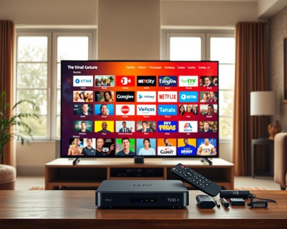 A high-quality, ultra-detailed image showcasing the key features of the Xtreme HD IPTV service. Set in a warm, inviting living room, the foreground depicts a modern smart TV displaying a vibrant, crystal-clear IPTV interface with a vast selection of live channels, on-demand content, and intuitive controls. In the middle ground, a sleek IPTV set-top box, remote control, and other accessories are neatly arranged, highlighting the service's user-friendly technology. The background features large windows letting in soft, natural lighting, creating a cozy, immersive atmosphere. The overall scene conveys the seamless, high-end entertainment experience promised by the Xtreme HD IPTV bundle.