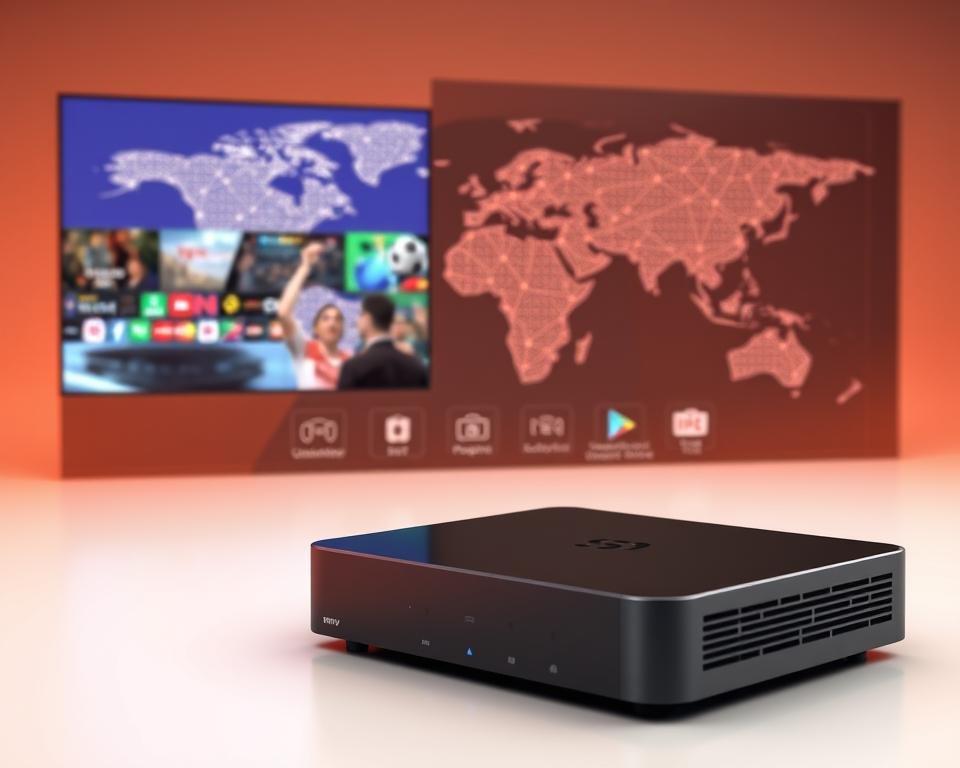 A high-quality, ultra-realistic 3D render of the key features of Xtreme HD IPTV USA service. In the foreground, a sleek, modern IPTV device with intuitive touch controls and a crisp, high-definition display showcasing the extensive live TV channel lineup. In the middle ground, a series of dynamic icons representing on-demand content, catch-up TV, and seamless integration with popular streaming services. In the background, a sophisticated network diagram illustrating the robust infrastructure and global content delivery system powering the Xtreme HD IPTV experience. The scene is illuminated by warm, directional lighting, creating depth and emphasizing the premium quality of the product. The overall aesthetic is clean, minimalist, and technologically advanced, capturing the essence of Xtreme HD IPTV USA's cutting-edge features.