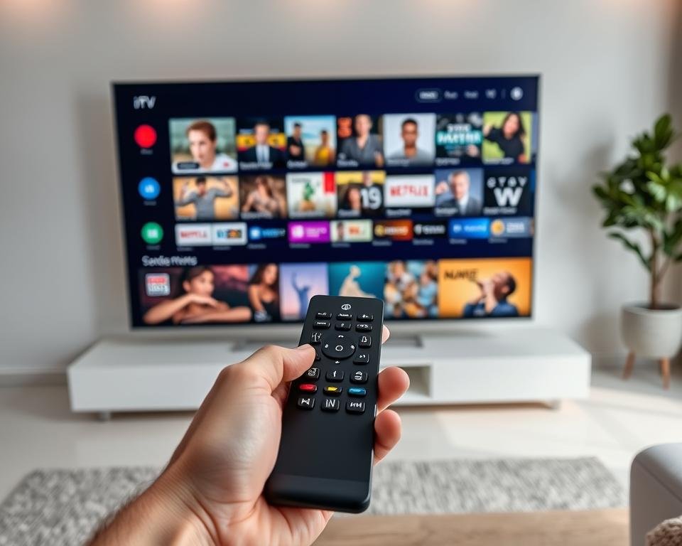 A high-quality, wide-angle shot of a modern IPTV service interface displayed on a large, sleek TV screen. The screen shows a grid layout with various content categories, including live TV channels, on-demand movies, TV shows, and sports events. The interface has a clean, minimalist design with vibrant colors, sharp contrast, and smooth animations. In the foreground, a hand holding a modern, high-end remote control is visible, highlighting the seamless user experience. The background features a minimalist, contemporary living room setting with neutral tones and subtle lighting, creating a cozy and immersive atmosphere for the IPTV service experience. A high-quality, wide-angle shot of a modern IPTV service interface displayed on a large, sleek TV screen. The screen shows a grid layout with various content categories, including live TV channels, on-demand movies, TV shows, and sports events. The interface has a clean, minimalist design with vibrant colors, sharp contrast, and smooth animations. In the foreground, a hand holding a modern, high-end remote control is visible, highlighting the seamless user experience. The background features a minimalist, contemporary living room setting with neutral tones and subtle lighting, creating a cozy and immersive atmosphere for the IPTV service experience.