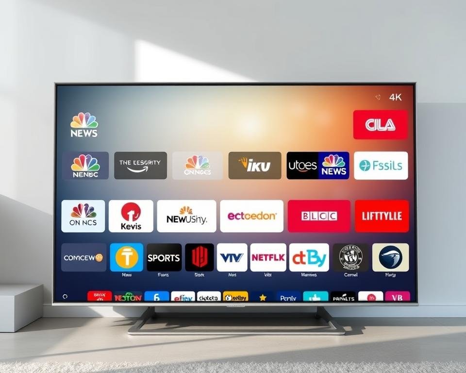 A high-resolution 4K television display showcasing a diverse lineup of contemporary USA television channels. The foreground features a sleek, minimalist TV set with a large, ultra-high-definition screen, surrounded by a clean, modern interior. The middle ground depicts the dynamic channel logos and graphics, effortlessly transitioning between popular news, entertainment, sports, and lifestyle programming. The background subtly fades into a soft, natural light, creating a sense of depth and emphasizing the clarity and vibrancy of the 4K display. The overall composition conveys a premium, immersive viewing experience that elevates the content selection and channel lineup for the USA IPTV audience.