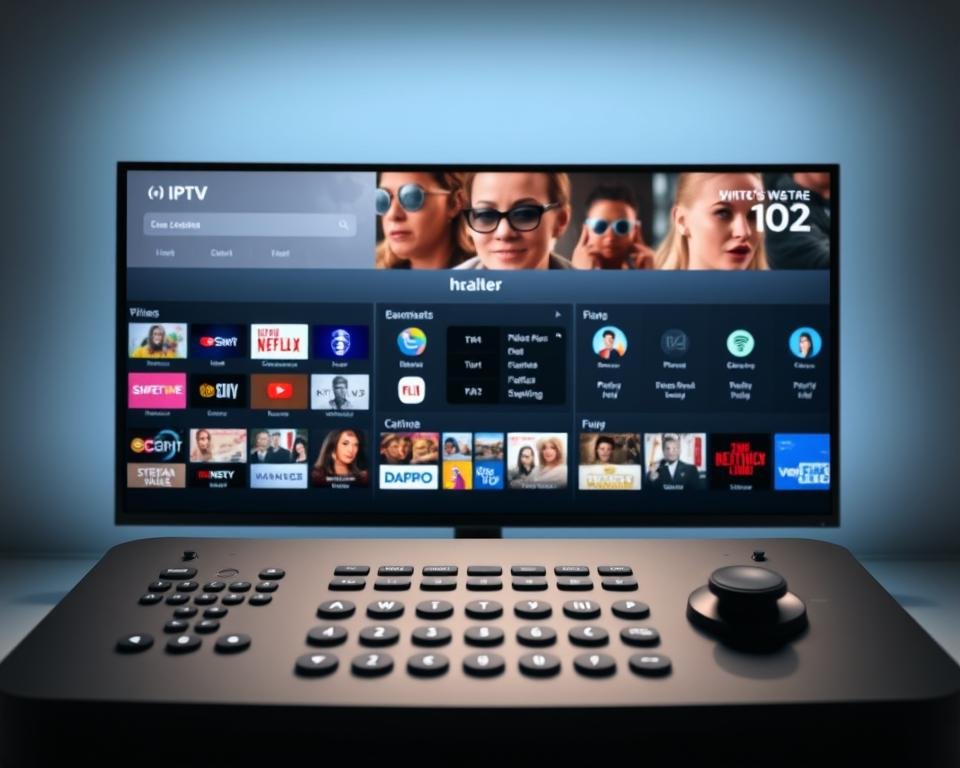 A high-tech control panel displaying a sleek, modern IPTV subscription service interface for the USA market. The foreground features an array of colorful channel logos, streaming content thumbnails, and interactive menu options. The middle ground showcases a clean, minimalist design with intuitive navigation controls and a sophisticated user experience. The background has a subtle gradient effect, emanating a sense of technological advancement and digital entertainment. Lighting is soft and even, highlighting the crisp details and vibrant colors of the user interface. The overall atmosphere conveys a premium, cutting-edge IPTV solution tailored specifically for USA consumers.