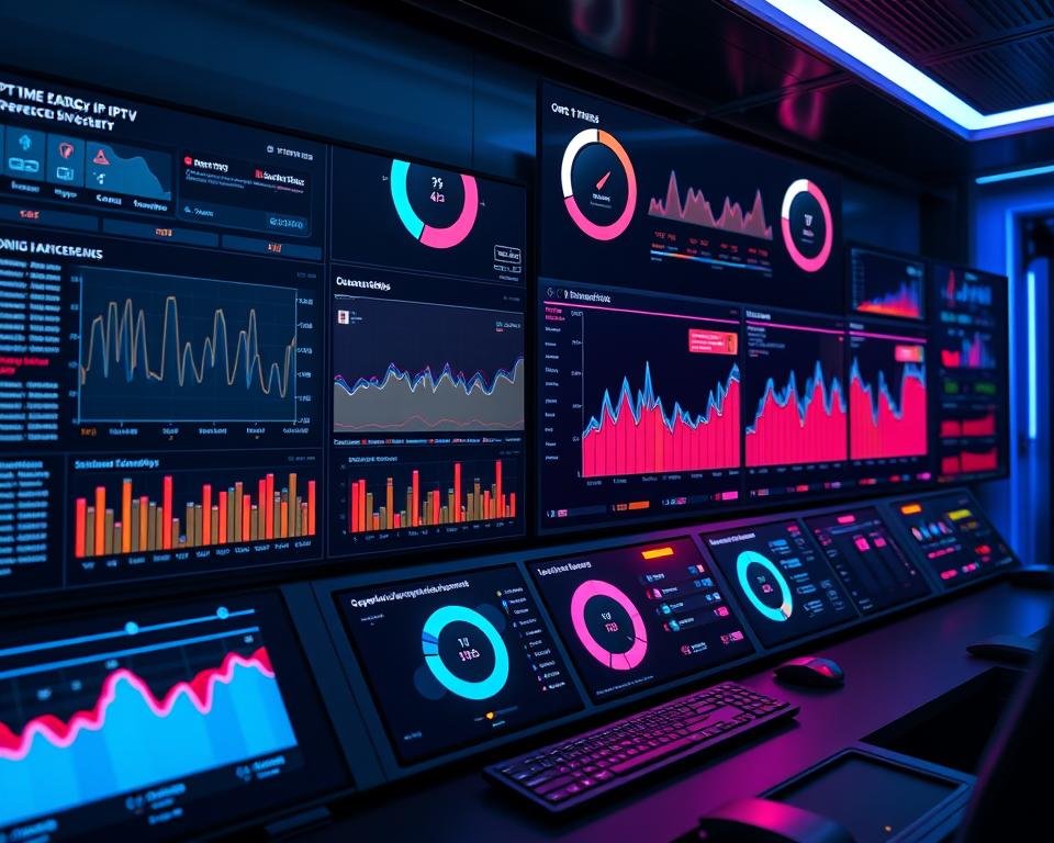 A high-tech control panel displaying real-time analytics of a cutting-edge IPTV streaming service. Sleek, minimalist interfaces with vibrant neon-like color accents, crisp data visualizations, and smooth animated metrics tracking optimal bandwidth, low latency, and superior picture quality. The scene is bathed in a cool, futuristic glow, creating an atmosphere of efficiency and technological prowess. The camera angle is slightly elevated, giving a bird's-eye view of the meticulously organized dashboard, conveying a sense of authority and expertise in the IPTV industry. A high-tech control panel displaying real-time analytics of a cutting-edge IPTV streaming service. Sleek, minimalist interfaces with vibrant neon-like color accents, crisp data visualizations, and smooth animated metrics tracking optimal bandwidth, low latency, and superior picture quality. The scene is bathed in a cool, futuristic glow, creating an atmosphere of efficiency and technological prowess. The camera angle is slightly elevated, giving a bird's-eye view of the meticulously organized dashboard, conveying a sense of authority and expertise in the IPTV industry.