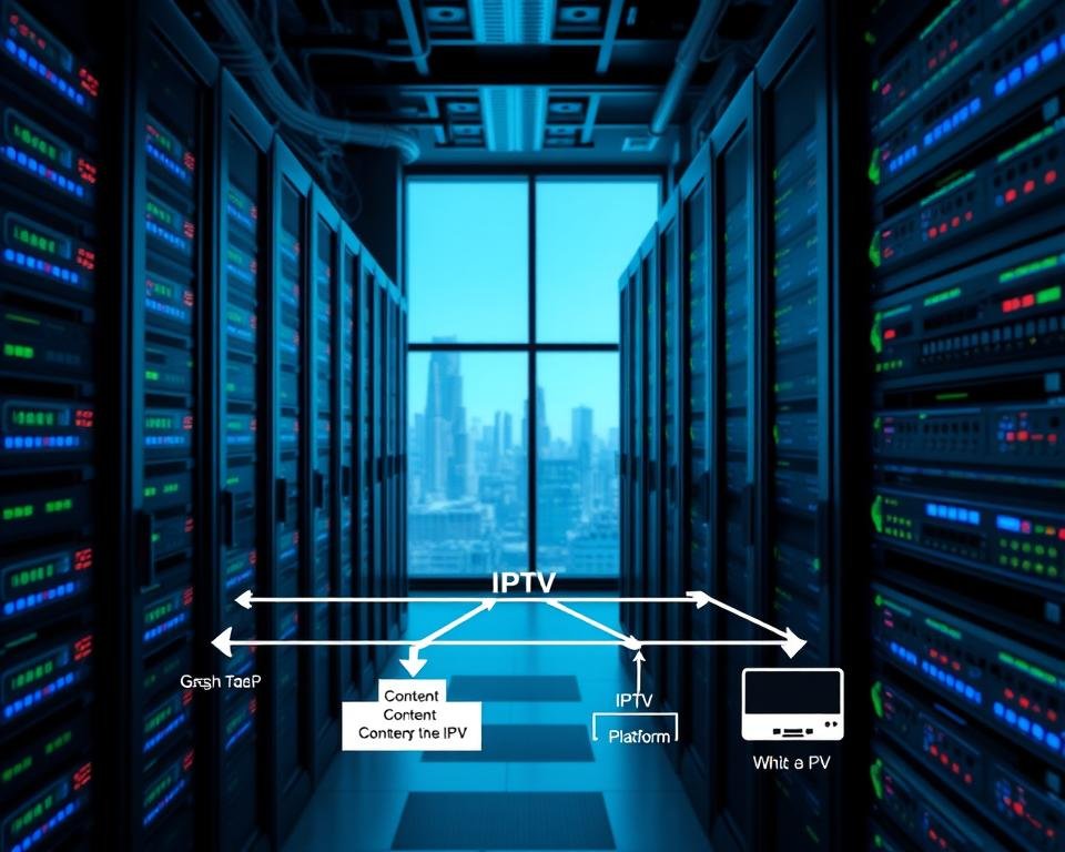 A high-tech data center with rows of server racks, network switches, and blinking LED lights. In the foreground, a diagram illustrates the IPTV content delivery pipeline, with arrows depicting the flow of data from content providers, to the IPTV platform, and ultimately to end-user devices. The background features a city skyline visible through large windows, conveying a sense of scale and connectivity. The lighting is cool and industrial, with a slight haze to create depth and atmosphere. The overall scene emphasizes the complex technical infrastructure that powers modern IPTV services. A high-tech data center with rows of server racks, network switches, and blinking LED lights. In the foreground, a diagram illustrates the IPTV content delivery pipeline, with arrows depicting the flow of data from content providers, to the IPTV platform, and ultimately to end-user devices. The background features a city skyline visible through large windows, conveying a sense of scale and connectivity. The lighting is cool and industrial, with a slight haze to create depth and atmosphere. The overall scene emphasizes the complex technical infrastructure that powers modern IPTV services.