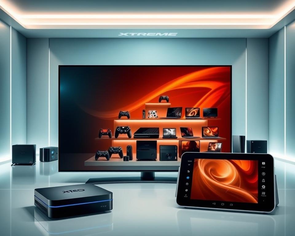 A high-tech, well-lit display showcasing the compatible devices for Xtreme HD IPTV. In the foreground, a sleek, modern smart TV, a state-of-the-art streaming box, and a handheld tablet, all arranged in a visually appealing composition. In the middle ground, various other compatible devices such as gaming consoles, laptops, and smartphones, neatly organized to demonstrate the wide range of compatibility. The background features a minimalist, tech-inspired environment with clean lines and subtle gradients, creating a sense of sophistication and high-end technology. The lighting is soft and directional, highlighting the devices and creating a sense of depth and dimension. The overall tone is one of advanced, high-quality entertainment technology that seamlessly integrates with Xtreme HD IPTV. A high-tech, well-lit display showcasing the compatible devices for Xtreme HD IPTV. In the foreground, a sleek, modern smart TV, a state-of-the-art streaming box, and a handheld tablet, all arranged in a visually appealing composition. In the middle ground, various other compatible devices such as gaming consoles, laptops, and smartphones, neatly organized to demonstrate the wide range of compatibility. The background features a minimalist, tech-inspired environment with clean lines and subtle gradients, creating a sense of sophistication and high-end technology. The lighting is soft and directional, highlighting the devices and creating a sense of depth and dimension. The overall tone is one of advanced, high-quality entertainment technology that seamlessly integrates with Xtreme HD IPTV.
