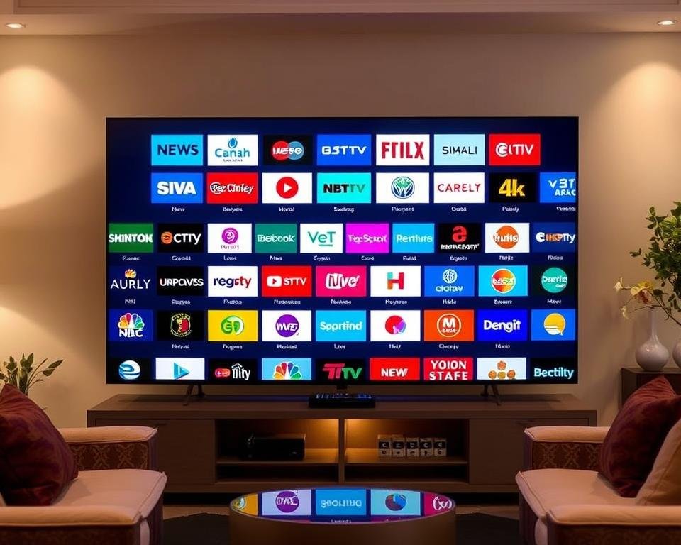A large, modern HDTV screen displays a diverse array of USA IPTV channel logos in vibrant colors. The screen is situated in a cozy, well-lit living room setting, with plush furniture and warm lighting creating a comfortable, inviting atmosphere. The screen's crisp, high-definition display showcases a comprehensive selection of popular channels, from news and entertainment to sports and lifestyle programming, reflecting the unparalleled content library available to USA IPTV subscribers. The scene conveys a sense of accessibility, variety, and the ability to elevate one's streaming experience through a curated, all-inclusive IPTV service.