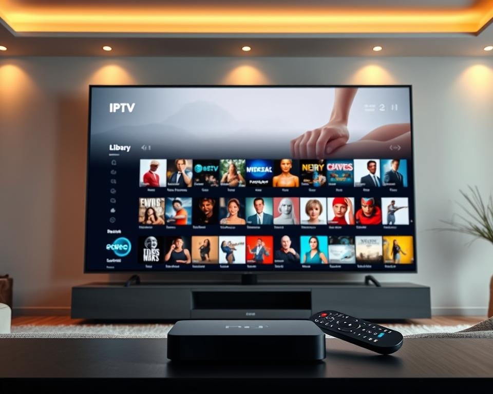 A large, sleek TV screen prominently displays a diverse library of IPTV content, showcasing various genres and channels. The screen is surrounded by a modern, minimalist living room setting with clean lines and neutral tones, creating a sense of sophistication and technology. Warm lighting from subtle fixtures illuminates the scene, casting a cozy glow. In the foreground, a wireless remote control and a streaming device, such as a set-top box or a smart TV, hint at the ease of accessing the comprehensive IPTV services available in the USA. The overall composition conveys a sense of digital entertainment freedom and a curated, high-quality viewing experience.