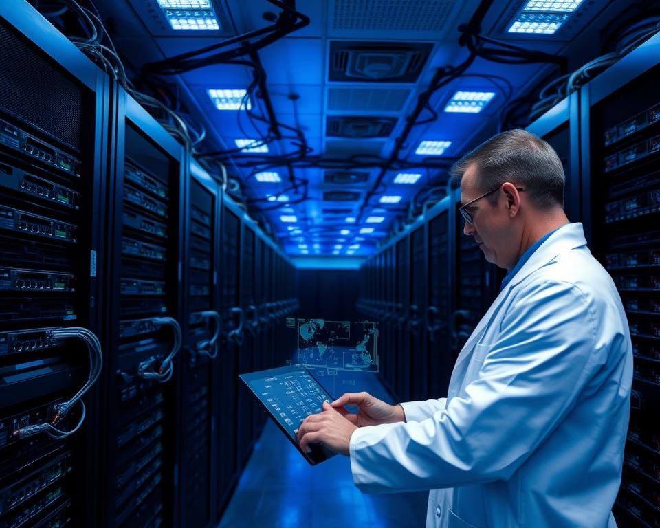 A massive cloud-based data center, housing rows of sleek black servers and networking equipment. The space is bathed in a cool blue glow, illuminated by subtle recessed lighting that casts dramatic shadows. Cables and fiber optic lines snake between the racks, creating a complex web of interconnectivity. In the foreground, a technician in a crisp white lab coat monitors a series of holographic displays, adjusting parameters with precision. The atmosphere is one of cutting-edge technology and reliable infrastructure, designed to deliver a premium IPTV USA service experience. A massive cloud-based data center, housing rows of sleek black servers and networking equipment. The space is bathed in a cool blue glow, illuminated by subtle recessed lighting that casts dramatic shadows. Cables and fiber optic lines snake between the racks, creating a complex web of interconnectivity. In the foreground, a technician in a crisp white lab coat monitors a series of holographic displays, adjusting parameters with precision. The atmosphere is one of cutting-edge technology and reliable infrastructure, designed to deliver a premium IPTV USA service experience.