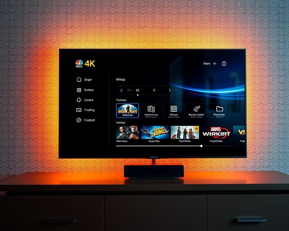 A meticulously detailed streaming service interface, showcasing a sharp 4K IPTV video player with adjustable bitrate settings, a responsive UI, and smooth playback. The screen is illuminated by warm, cinematic lighting that casts a soft glow, creating an inviting and immersive viewing experience. The background features a subtle, textured pattern reminiscent of high-end home entertainment systems, complementing the sleek, modern aesthetic. The overall composition conveys a sense of premium quality, reliable performance, and the pinnacle of television entertainment.