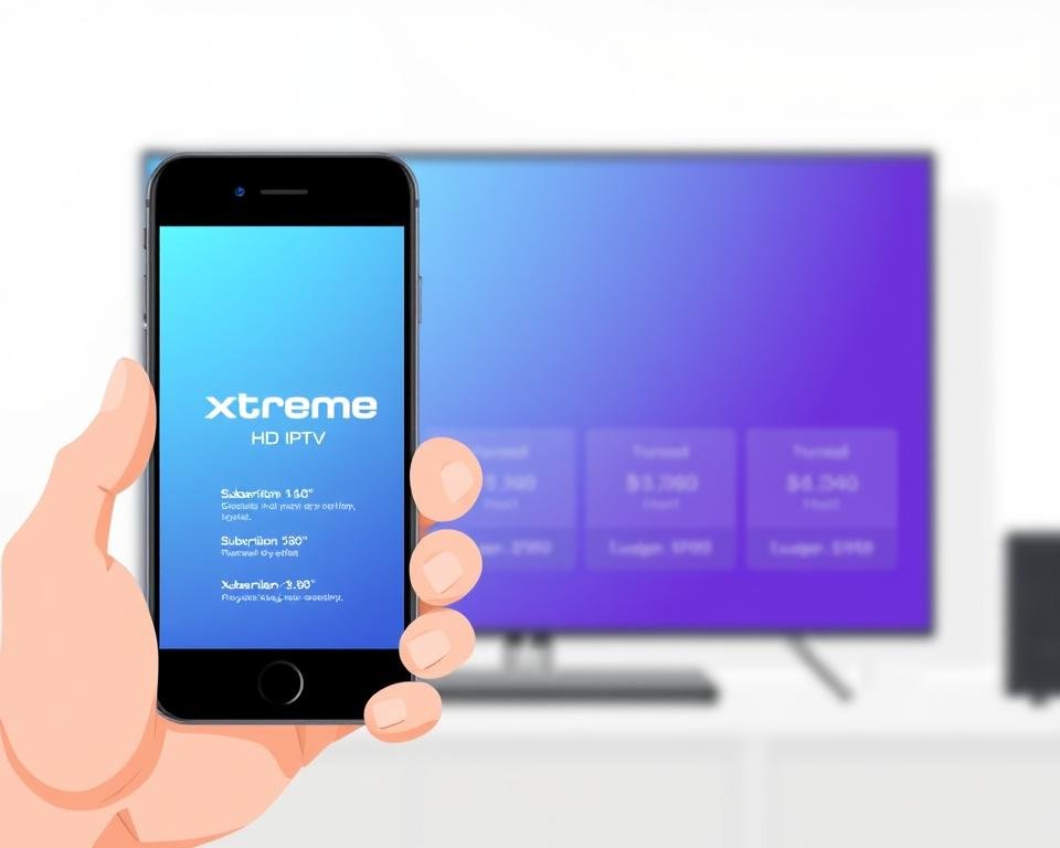 A minimalist and contemporary illustration depicting the Xtreme HD USA IPTV subscription process. In the foreground, a hand holding a smartphone or tablet, the screen displaying the Xtreme HD logo and subscription options. In the middle ground, a clean and uncluttered layout showcasing the different subscription tiers and pricing. The background features a soft, blurred gradient in cool tones, conveying a sense of professionalism and digital simplicity. Lighting is soft and diffused, creating a clean and inviting atmosphere. The overall composition emphasizes a streamlined, user-friendly subscription experience. A minimalist and contemporary illustration depicting the Xtreme HD USA IPTV subscription process. In the foreground, a hand holding a smartphone or tablet, the screen displaying the Xtreme HD logo and subscription options. In the middle ground, a clean and uncluttered layout showcasing the different subscription tiers and pricing. The background features a soft, blurred gradient in cool tones, conveying a sense of professionalism and digital simplicity. Lighting is soft and diffused, creating a clean and inviting atmosphere. The overall composition emphasizes a streamlined, user-friendly subscription experience.