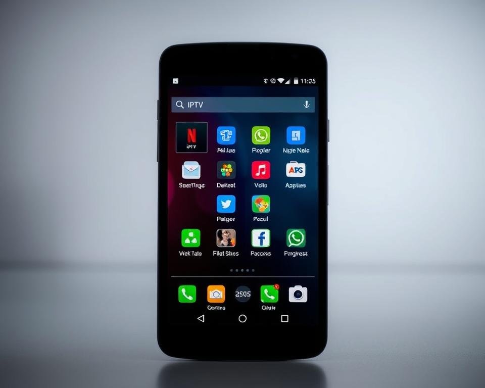 A modern Android smartphone or tablet showcasing the IPTV app interface, with intuitive icons and a clean, user-friendly design. The device is set against a sleek, minimalist backdrop, with subtle lighting highlighting the screen's vibrant display. The scene conveys a sense of simplicity and efficiency, reflecting the ease of setting up and using IPTV on an Android device.