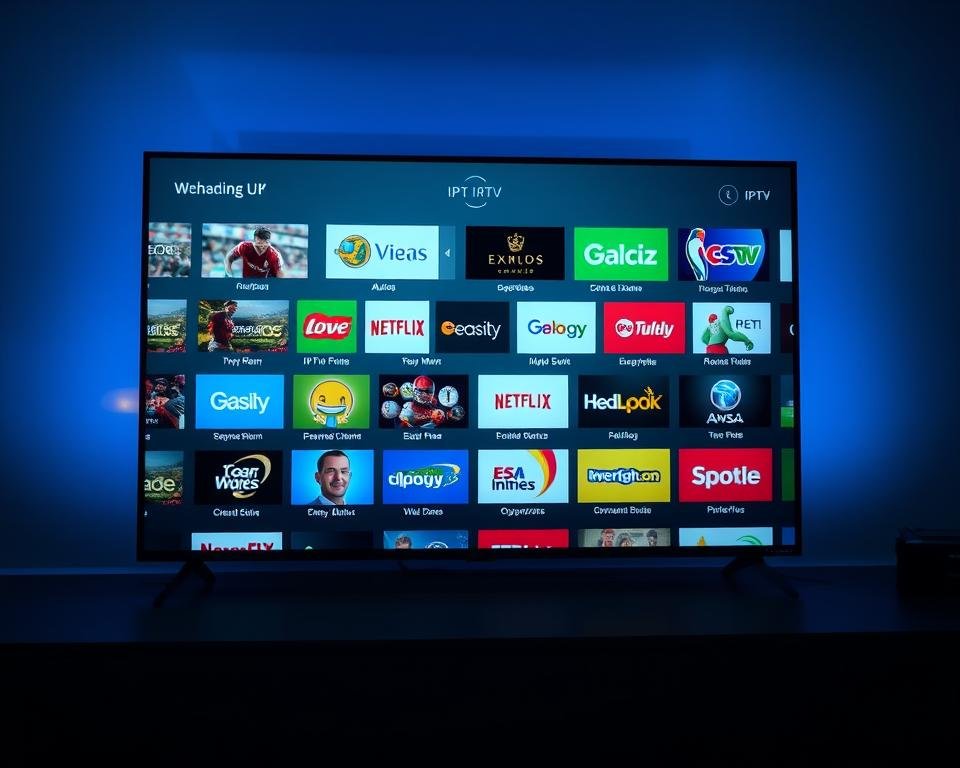 A modern IPTV interface displaying a diverse selection of USA television channels, ranging from news and sports to entertainment and lifestyle programming. The foreground showcases a sleek, minimalist design with crisp, high-definition channel icons neatly arranged. The middle ground features a visually appealing grid layout, allowing the viewer to easily browse and select from a comprehensive content library. The background subtly conveys a sense of technological sophistication, with subtle gradients and a soothing, blue-hued color palette creating a visually captivating and immersive viewing experience. Realistic lighting and camera angles contribute to the overall sense of depth and realism, making the image a visually striking representation of the wealth of content available through IPTV in the USA.