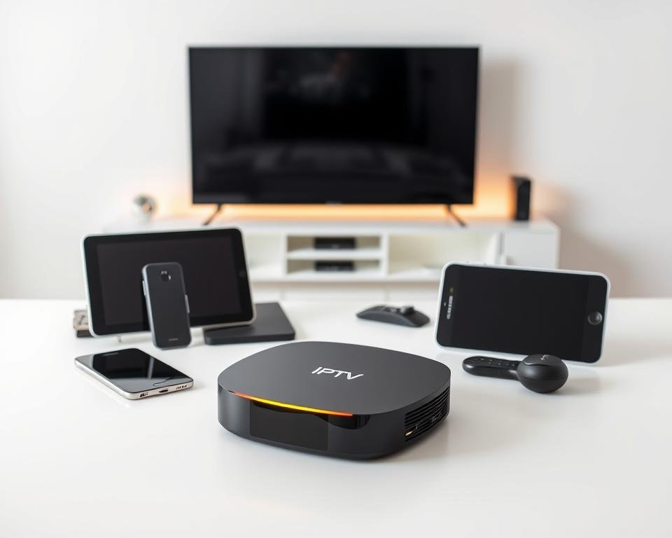 A modern and sleek IPTV device resting on a minimalist white surface, with various compatible devices like smartphones, tablets, and smart TVs arranged neatly around it. The device is illuminated by soft, directional lighting, creating a warm and inviting atmosphere. The composition emphasizes the versatility and seamless integration of the IPTV solution, showcasing its ability to work across a range of devices and provide a cohesive streaming experience. The background is a clean, neutral space, allowing the IPTV device and compatible gadgets to take center stage.