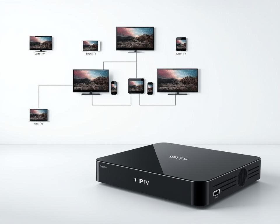 A modern and sleek IPTV device set against a minimalist background, showcasing its compatibility with various electronic devices. The device is rendered in high detail, with a glossy black finish and clean lines. The foreground features the device prominently, while the middle ground depicts a selection of compatible devices such as smart TVs, tablets, and smartphones, all connected via cables and wireless connections. The background is a simple, light-colored wall, creating a sense of simplicity and focus on the main subject. The lighting is soft and even, highlighting the device's form and emphasizing its modern, high-tech aesthetic. A modern and sleek IPTV device set against a minimalist background, showcasing its compatibility with various electronic devices. The device is rendered in high detail, with a glossy black finish and clean lines. The foreground features the device prominently, while the middle ground depicts a selection of compatible devices such as smart TVs, tablets, and smartphones, all connected via cables and wireless connections. The background is a simple, light-colored wall, creating a sense of simplicity and focus on the main subject. The lighting is soft and even, highlighting the device's form and emphasizing its modern, high-tech aesthetic.