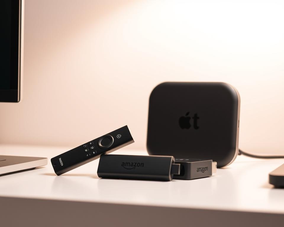 A modern and sleek setup featuring an Amazon Firestick and an Android TV device, both prominently displayed on a minimalist desk. The Firestick is positioned upright, its remote control nearby, while the Android TV unit sits neatly alongside. Soft, diffused lighting illuminates the scene, creating a warm and inviting atmosphere. The devices are surrounded by a clutter-free workspace, hinting at the user's focus on setting up their IPTV solution. The overall composition emphasizes the simplicity and convenience of the IPTV setup, ready to unlock a world of television freedom.