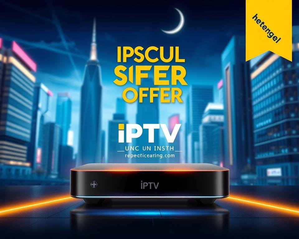 A modern and visually striking image of an IPTV USA special offer. Set against a vibrant, futuristic cityscape, the focal point is a sleek, minimalist device displaying the IPTV USA logo and promotional details. The device is backlit with a warm, inviting glow, creating a sense of premium quality and exclusivity. The background features towering skyscrapers, neon lights, and a night sky with a hint of a crescent moon, conveying a sense of urban sophistication and technological advancement. The overall composition is balanced, with clean lines and a sophisticated color palette of blues, whites, and accents of gold. The mood is one of excitement, modernity, and the promise of exceptional streaming experiences.