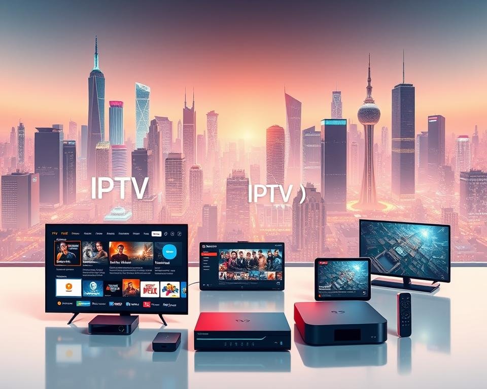 A modern, futuristic illustration of an IPTV streaming service. In the foreground, a sleek and intuitive user interface showcases a variety of live TV channels, on-demand content, and personalized recommendations. The middle ground features a collection of streaming devices, including smart TVs, set-top boxes, and mobile devices, all seamlessly connected to the IPTV service. In the background, a cityscape with towering skyscrapers and a vibrant, neon-lit skyline creates a sense of technological innovation and urban sophistication. The lighting is soft and diffused, creating a warm and inviting atmosphere, while the camera angle suggests a birds-eye view, highlighting the comprehensive and expansive nature of the IPTV streaming experience. A modern, futuristic illustration of an IPTV streaming service. In the foreground, a sleek and intuitive user interface showcases a variety of live TV channels, on-demand content, and personalized recommendations. The middle ground features a collection of streaming devices, including smart TVs, set-top boxes, and mobile devices, all seamlessly connected to the IPTV service. In the background, a cityscape with towering skyscrapers and a vibrant, neon-lit skyline creates a sense of technological innovation and urban sophistication. The lighting is soft and diffused, creating a warm and inviting atmosphere, while the camera angle suggests a birds-eye view, highlighting the comprehensive and expansive nature of the IPTV streaming experience.