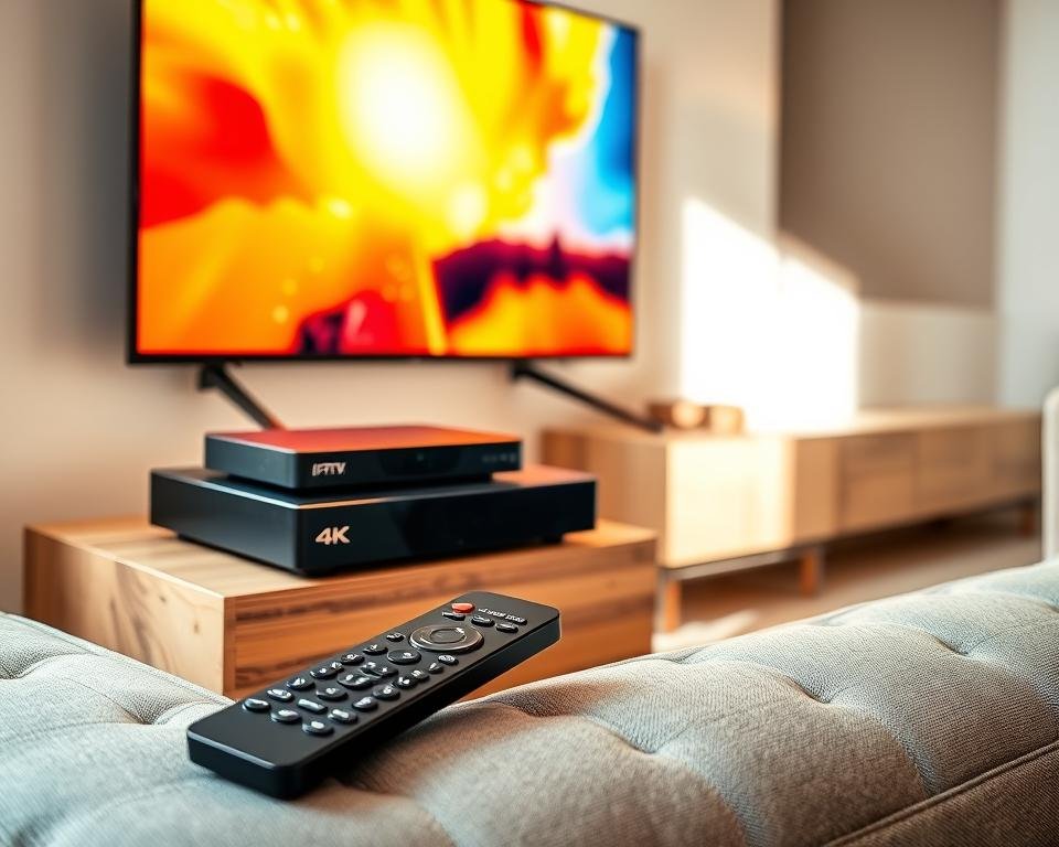 A modern, high-quality IPTV setup, featuring a sleek, black set-top box resting on a minimalist wooden entertainment unit. The box is connected to a large, vibrant 4K television, displaying a vivid, high-definition image. The living room is bathed in warm, natural lighting from a large window, creating a cozy, inviting atmosphere. In the foreground, a sophisticated remote control lies on a plush, grey sofa, ready for easy navigation of the IPTV interface. The overall scene conveys a sense of technological sophistication, seamless integration, and a premium home entertainment experience. A modern, high-quality IPTV setup, featuring a sleek, black set-top box resting on a minimalist wooden entertainment unit. The box is connected to a large, vibrant 4K television, displaying a vivid, high-definition image. The living room is bathed in warm, natural lighting from a large window, creating a cozy, inviting atmosphere. In the foreground, a sophisticated remote control lies on a plush, grey sofa, ready for easy navigation of the IPTV interface. The overall scene conveys a sense of technological sophistication, seamless integration, and a premium home entertainment experience.
