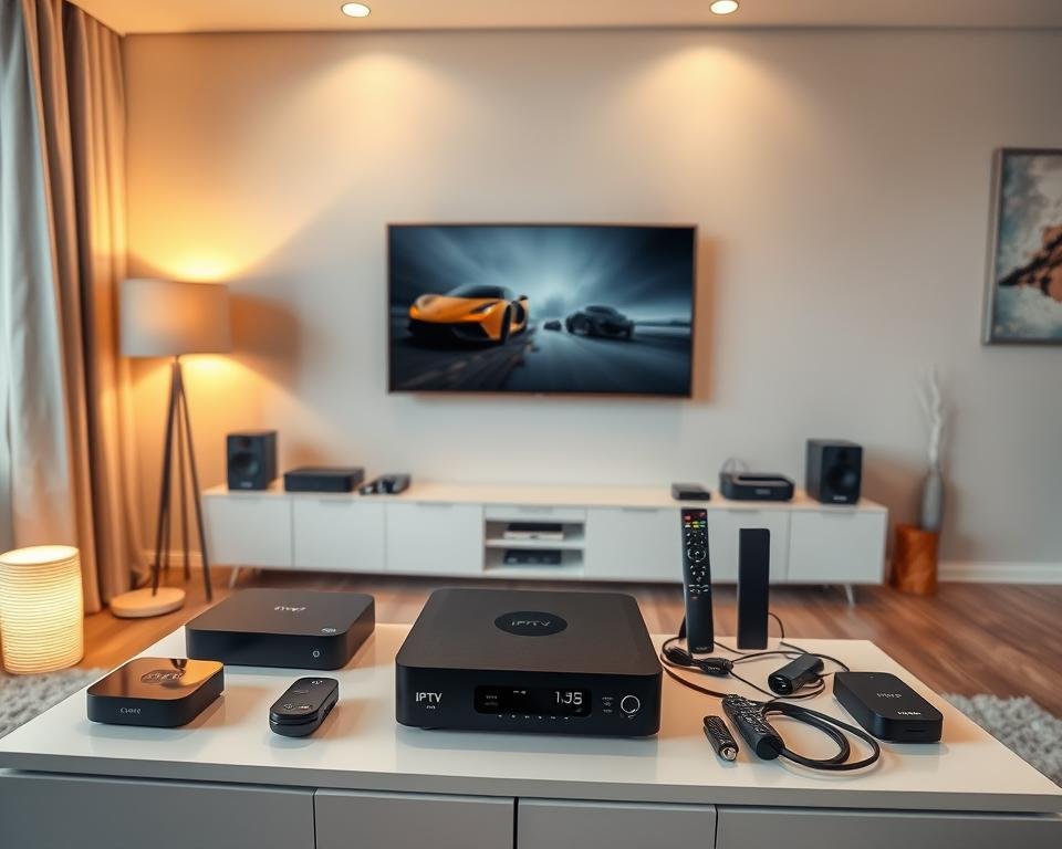A modern home entertainment setup featuring a sleek IPTV box prominently displayed on a minimalist TV stand. The box is surrounded by a variety of streaming devices, remote controls, and neatly organized cables, conveying a sense of technological integration and control. The room is bathed in warm, diffused lighting from floor lamps and recessed ceiling fixtures, creating a cozy, inviting atmosphere. The walls feature minimalist decor, such as abstract art or a mounted TV, emphasizing the focal point of the IPTV setup. The overall composition suggests a well-designed, user-friendly system that seamlessly blends into a contemporary living space.