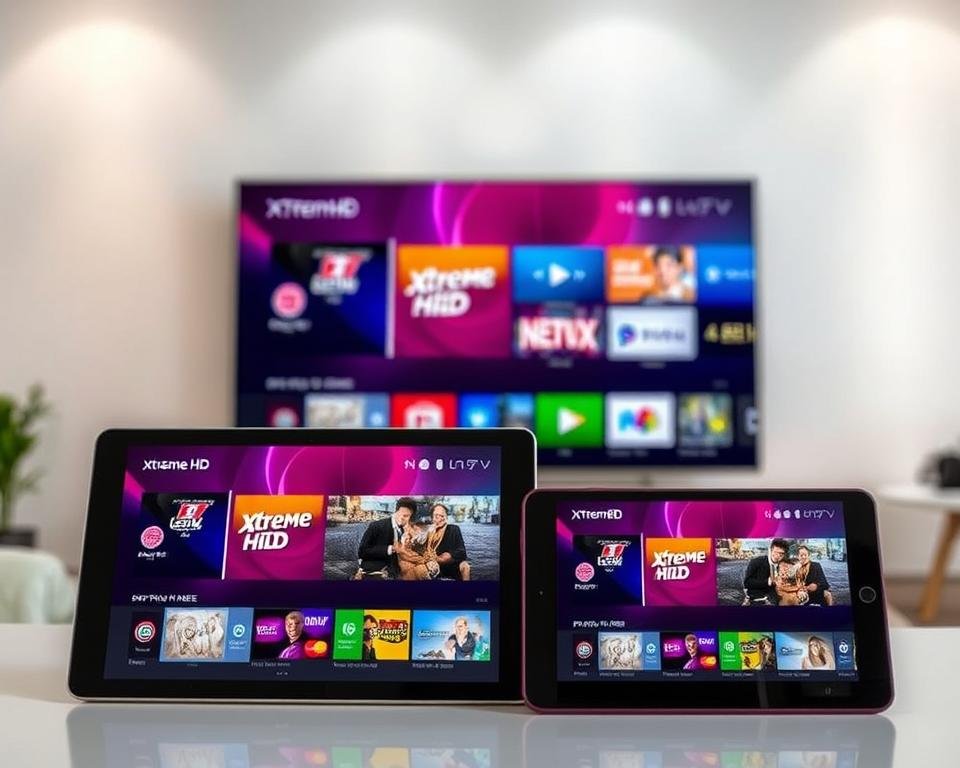 A modern home entertainment setup showcasing Xtreme HD IPTV on various devices. In the foreground, a sleek smart TV displays the Xtreme HD IPTV interface, its vibrant colors and crisp 4K resolution bringing the content to life. In the middle ground, a tablet and a smartphone are propped up, each showing the same IPTV service seamlessly streaming high-definition channels. The background features a minimalist living room setting with subtle lighting, allowing the electronic devices to take center stage. The scene conveys a sense of technological harmony and the convenience of accessing premium IPTV content across multiple platforms in a home environment. A modern home entertainment setup showcasing Xtreme HD IPTV on various devices. In the foreground, a sleek smart TV displays the Xtreme HD IPTV interface, its vibrant colors and crisp 4K resolution bringing the content to life. In the middle ground, a tablet and a smartphone are propped up, each showing the same IPTV service seamlessly streaming high-definition channels. The background features a minimalist living room setting with subtle lighting, allowing the electronic devices to take center stage. The scene conveys a sense of technological harmony and the convenience of accessing premium IPTV content across multiple platforms in a home environment.