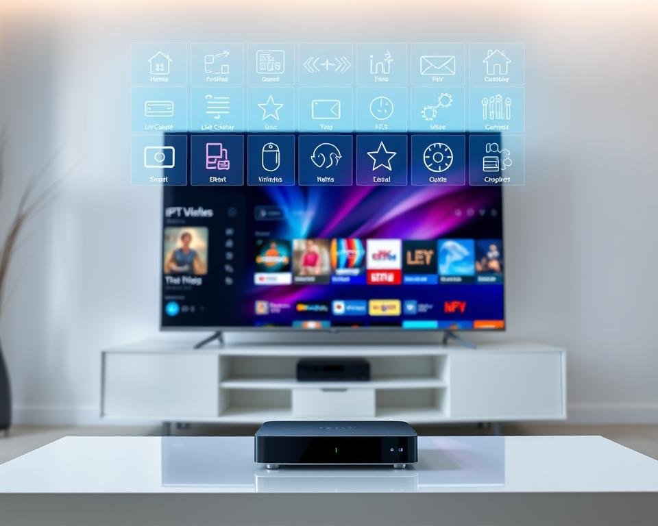 A modern home entertainment setup showcasing an IPTV service. In the foreground, a sleek smart TV displays vibrant, high-definition content. Floating above the TV screen, holographic menus and icons allow seamless navigation of the IPTV platform's expansive library of live channels and on-demand entertainment. The middle ground features a minimalist media cabinet housing a state-of-the-art streaming device, connecting the TV to the IPTV service. In the background, ambient lighting and a clean, contemporary room design set the mood for an immersive viewing experience. Capturing the convenience and technological sophistication of modern IPTV solutions for the home. A modern home entertainment setup showcasing an IPTV service. In the foreground, a sleek smart TV displays vibrant, high-definition content. Floating above the TV screen, holographic menus and icons allow seamless navigation of the IPTV platform's expansive library of live channels and on-demand entertainment. The middle ground features a minimalist media cabinet housing a state-of-the-art streaming device, connecting the TV to the IPTV service. In the background, ambient lighting and a clean, contemporary room design set the mood for an immersive viewing experience. Capturing the convenience and technological sophistication of modern IPTV solutions for the home.