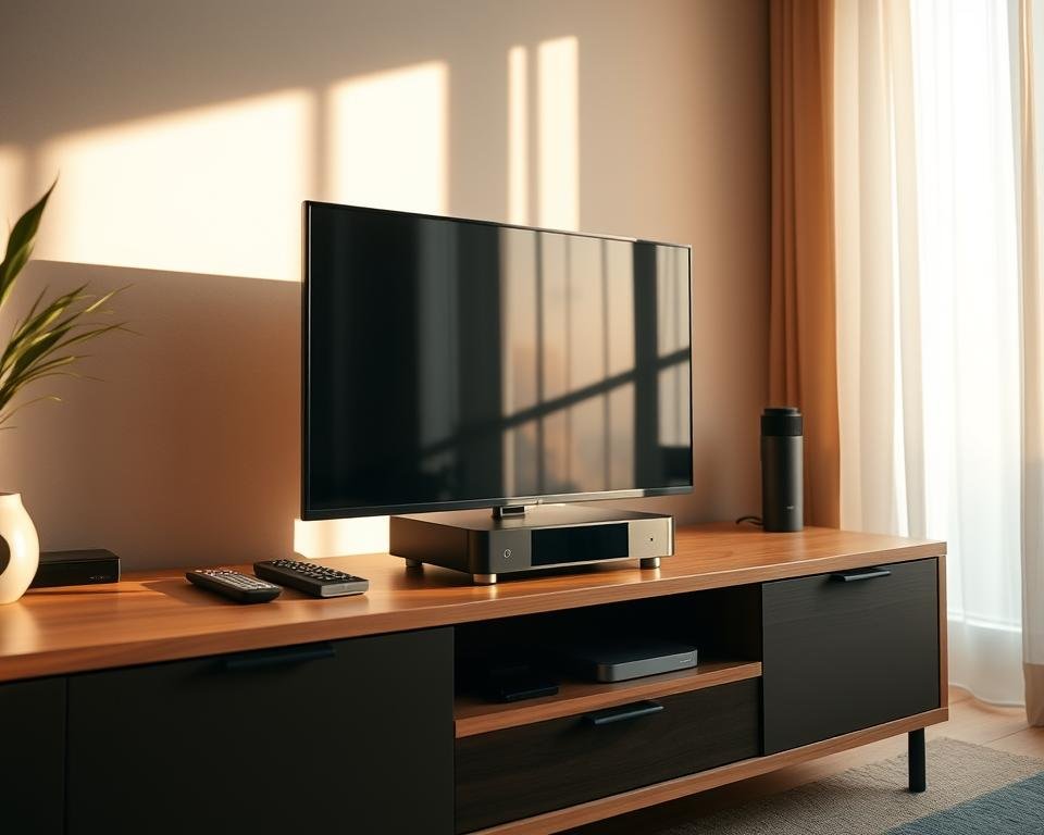A modern home entertainment setup with a sleek IPTV hardware device prominently displayed on a minimalist wooden TV stand. The device has a clean, contemporary design with smooth lines and a matte finish. It is surrounded by a few neatly organized accessories like remote controls and cables. The room is bathed in warm, natural lighting that casts soft shadows, creating a cozy and inviting atmosphere. The overall scene conveys a sense of simplicity, practicality, and technological sophistication, perfectly suited for an article on IPTV requirements. A modern home entertainment setup with a sleek IPTV hardware device prominently displayed on a minimalist wooden TV stand. The device has a clean, contemporary design with smooth lines and a matte finish. It is surrounded by a few neatly organized accessories like remote controls and cables. The room is bathed in warm, natural lighting that casts soft shadows, creating a cozy and inviting atmosphere. The overall scene conveys a sense of simplicity, practicality, and technological sophistication, perfectly suited for an article on IPTV requirements.