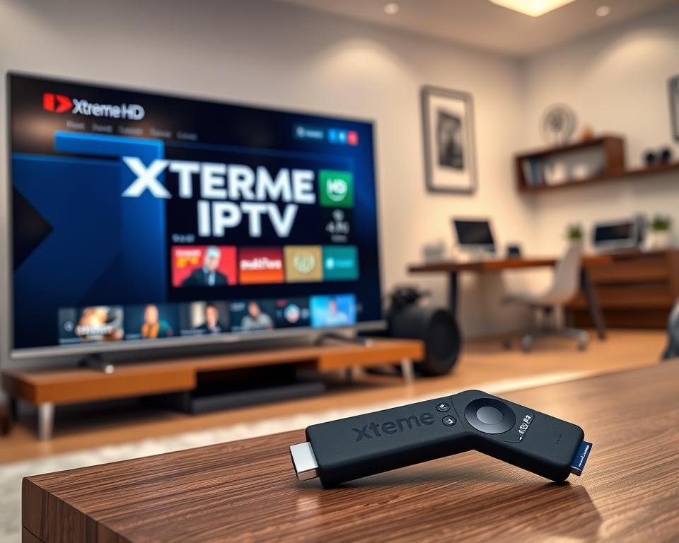 A modern home entertainment setup with a sleek, high-tech IPTV system. In the foreground, a modern streaming device like a Roku or Fire TV Stick is connected to a large, 4K HDR television. The device's interface displays the Xtreme HD IPTV logo and menu. In the middle ground, a Wi-Fi router and modem provide a fast, stable internet connection. In the background, a home office or media room setting with minimalist decor and ambient lighting creates a cozy, immersive atmosphere for the user to enjoy premium IPTV content. The overall scene conveys a sense of seamless, high-quality home entertainment.