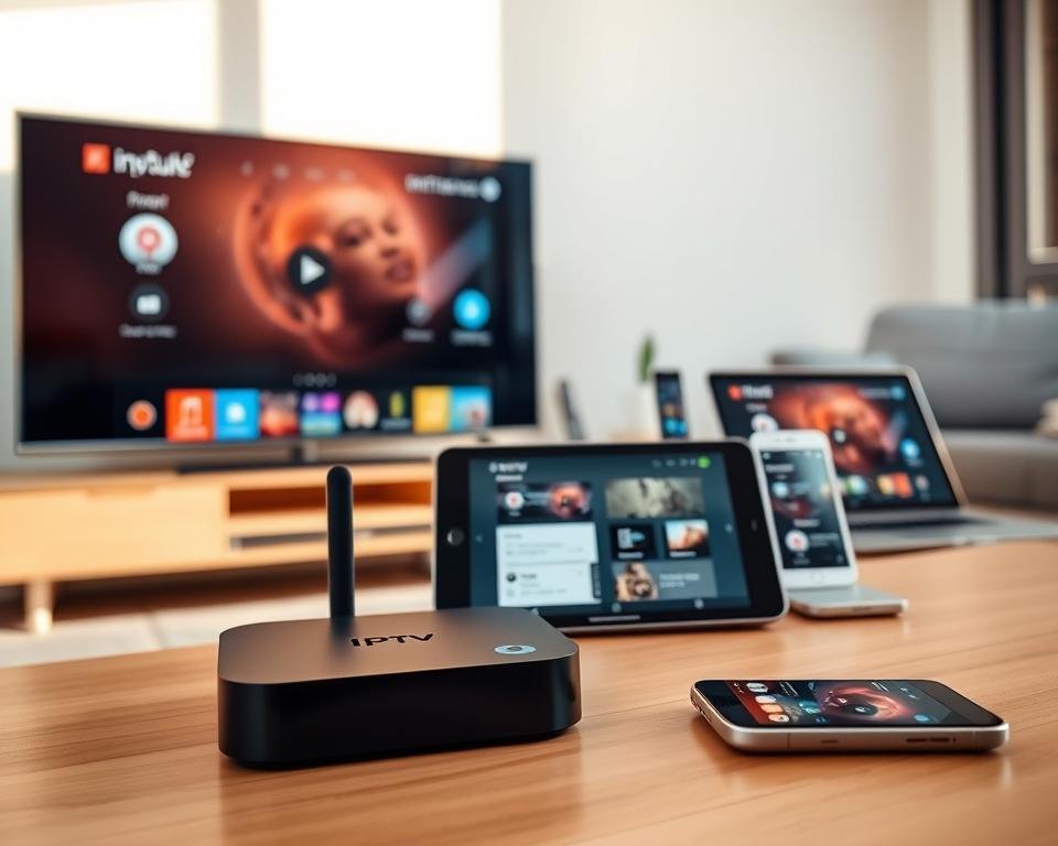 A modern home entertainment setup with various IPTV-enabled devices neatly arranged. In the foreground, a sleek smart TV displays the IPTV interface, while in the middle ground, a streaming box and a tablet showcase the same intuitive IPTV experience. In the background, a smartphone and a laptop blend seamlessly into the minimalist decor, all connected and ready to unlock instant IPTV content. The scene is bathed in warm, natural lighting that accentuates the clean, user-friendly design of the devices. An atmosphere of effortless connectivity and entertainment permeates the space. A modern home entertainment setup with various IPTV-enabled devices neatly arranged. In the foreground, a sleek smart TV displays the IPTV interface, while in the middle ground, a streaming box and a tablet showcase the same intuitive IPTV experience. In the background, a smartphone and a laptop blend seamlessly into the minimalist decor, all connected and ready to unlock instant IPTV content. The scene is bathed in warm, natural lighting that accentuates the clean, user-friendly design of the devices. An atmosphere of effortless connectivity and entertainment permeates the space.