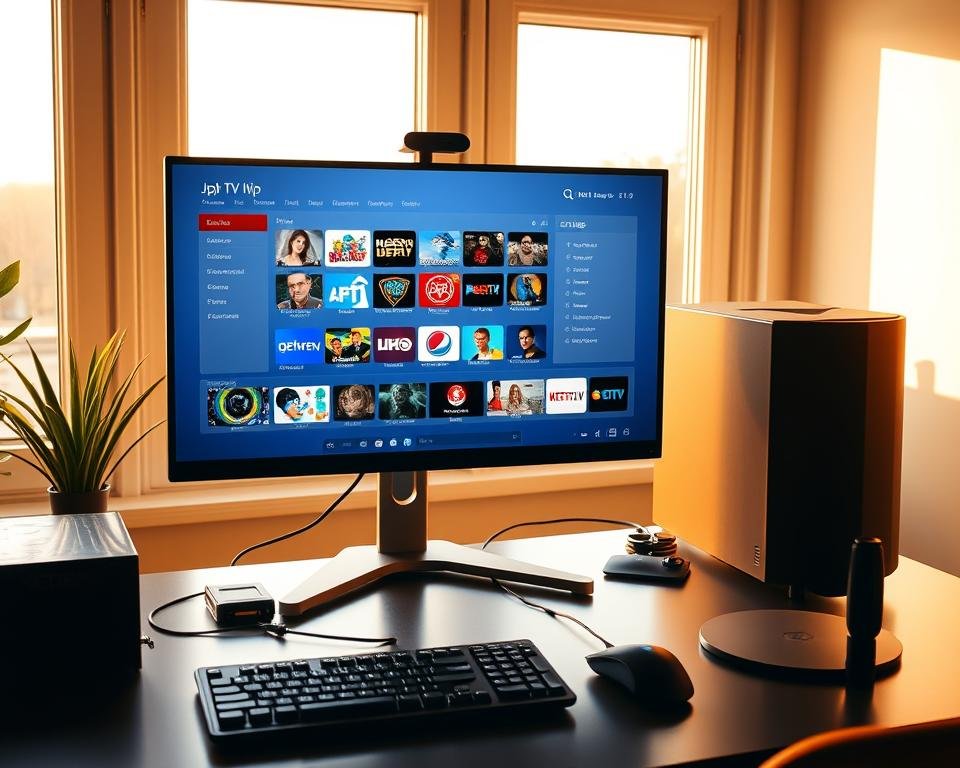 A modern home office setup with a desktop computer, wireless keyboard and mouse, and a sleek high-definition IPTV interface displayed on the monitor. The room is bathed in warm, diffused lighting from large windows, creating a cozy, productive atmosphere. The IPTV interface shows a clean, intuitive layout with various live TV channels, on-demand content, and settings menus, showcasing the user-friendly experience of the Xtreme HD IPTV USA service. The overall scene conveys the ease and convenience of setting up and using this premium streaming solution in a comfortable, tech-savvy home environment.