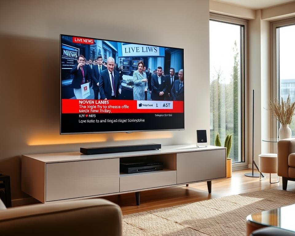 A modern living room with a large flat-screen TV displaying a live USA news broadcast. The TV is situated on a sleek entertainment unit, surrounded by minimalist decor and warm lighting. The room has large windows allowing natural light to filter in, creating a cozy and inviting atmosphere. The TV screen shows a dynamic news ticker and live coverage of a current event, immersing the viewer in the experience of watching live USA television from the comfort of their home. The overall scene conveys the ease and convenience of streaming live US TV content online. A modern living room with a large flat-screen TV displaying a live USA news broadcast. The TV is situated on a sleek entertainment unit, surrounded by minimalist decor and warm lighting. The room has large windows allowing natural light to filter in, creating a cozy and inviting atmosphere. The TV screen shows a dynamic news ticker and live coverage of a current event, immersing the viewer in the experience of watching live USA television from the comfort of their home. The overall scene conveys the ease and convenience of streaming live US TV content online.