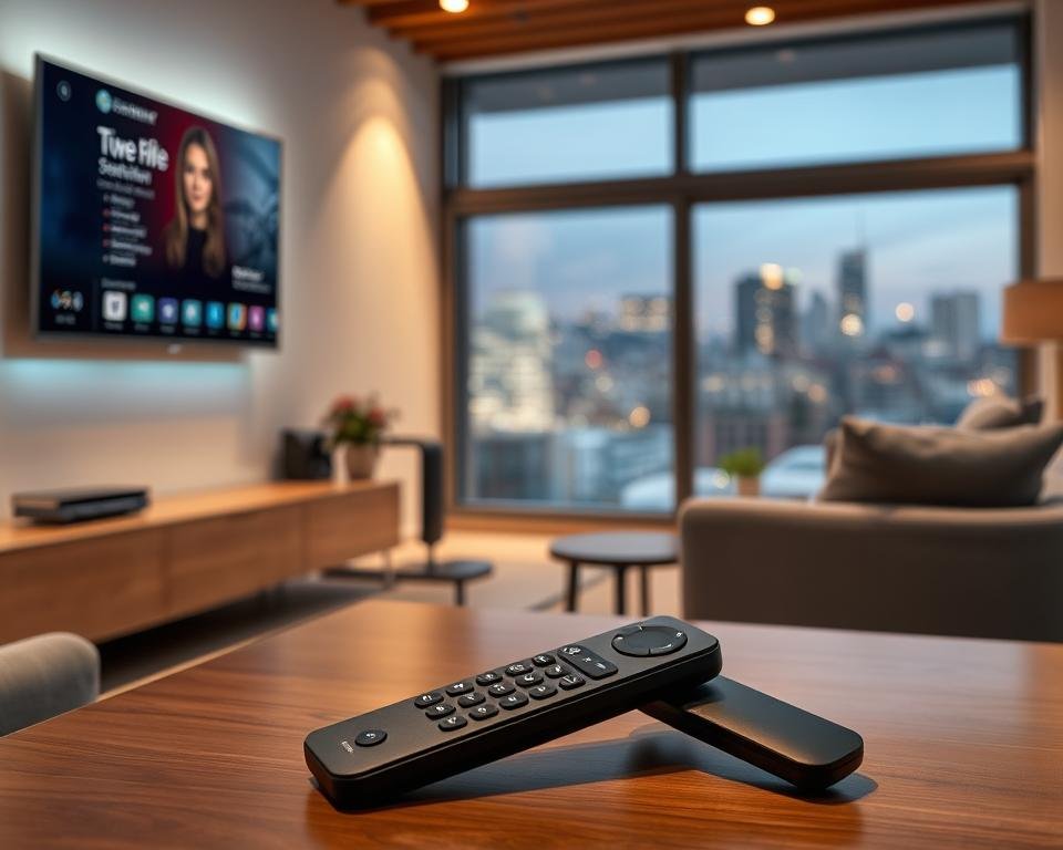 A modern living room with a large flat-screen TV mounted on the wall, displaying a streaming service interface. The room is well-lit with soft, warm lighting, creating a cozy and inviting atmosphere. In the foreground, a sleek, minimalist remote control lies on a coffee table, suggesting ease of use. The middle ground features a comfortable sofa and armchair, hinting at the relaxing experience of streaming content. In the background, a large window overlooks a cityscape, suggesting the convenience of accessing content from anywhere. The overall scene conveys a high-quality, seamless streaming experience in the comfort of one's own home. A modern living room with a large flat-screen TV mounted on the wall, displaying a streaming service interface. The room is well-lit with soft, warm lighting, creating a cozy and inviting atmosphere. In the foreground, a sleek, minimalist remote control lies on a coffee table, suggesting ease of use. The middle ground features a comfortable sofa and armchair, hinting at the relaxing experience of streaming content. In the background, a large window overlooks a cityscape, suggesting the convenience of accessing content from anywhere. The overall scene conveys a high-quality, seamless streaming experience in the comfort of one's own home.