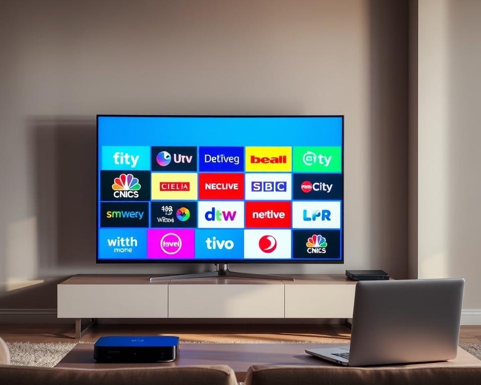 A modern living room with a large flatscreen TV displaying various US TV channel logos in bright, vibrant colors. The TV is positioned on a sleek, minimalist TV stand against a neutral-toned wall. Streaming devices such as a set-top box and a laptop are visible, creating a technical yet cozy atmosphere. Soft, directional lighting illuminates the scene, emphasizing the sharp, high-definition visuals on the screen. The overall impression is one of convenience, connectivity, and the ability to access USA television content from the comfort of one's own home. A modern living room with a large flatscreen TV displaying various US TV channel logos in bright, vibrant colors. The TV is positioned on a sleek, minimalist TV stand against a neutral-toned wall. Streaming devices such as a set-top box and a laptop are visible, creating a technical yet cozy atmosphere. Soft, directional lighting illuminates the scene, emphasizing the sharp, high-definition visuals on the screen. The overall impression is one of convenience, connectivity, and the ability to access USA television content from the comfort of one's own home.