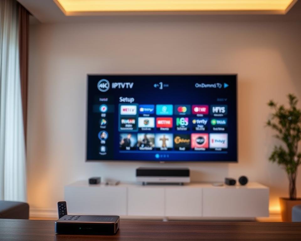 A modern living room with a sleek, 4K smart TV mounted on the wall. On the TV screen, the IPTV setup interface is displayed, showcasing a variety of channels and on-demand content. The room is illuminated by soft, warm lighting, creating a cozy and inviting atmosphere. In the foreground, a wireless remote control and a streaming device, such as a set-top box or HDMI dongle, are visible, ready to facilitate the IPTV experience. The overall scene depicts the ease and convenience of setting up an IPTV system on a smart TV, allowing the viewer to imagine the process of unlocking a free trial IPTV account in the USA.
