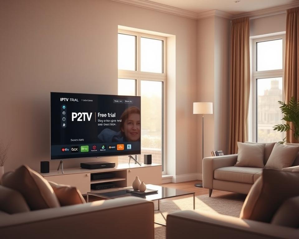 A modern living room with a sleek television set displaying an IPTV interface, showcasing a free trial offer for USA users. The space is well-lit, with warm, natural lighting filtering through large windows, casting a cozy glow on the scene. The TV is prominently placed, drawing the viewer's attention to the IPTV trial details. The room features minimalist decor, with clean lines and neutral tones, allowing the technology to take center stage. The overall atmosphere conveys a sense of accessibility and ease, highlighting the simplicity of unlocking IPTV content with a free trial in the USA.