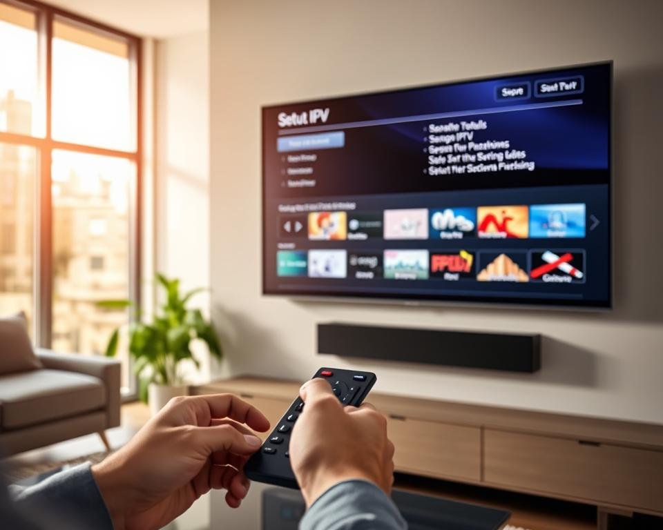 A modern living room with a sleek, wall-mounted smart TV. The TV's screen displays the setup process for an IPTV service, with various menu options and settings visible. In the foreground, a person's hands are interacting with a remote control, navigating the IPTV installation on the TV. The room is well-lit, with natural light streaming in through large windows, creating a warm and inviting atmosphere. The overall scene conveys a sense of ease and simplicity in setting up an IPTV service on a smart TV. A modern living room with a sleek, wall-mounted smart TV. The TV's screen displays the setup process for an IPTV service, with various menu options and settings visible. In the foreground, a person's hands are interacting with a remote control, navigating the IPTV installation on the TV. The room is well-lit, with natural light streaming in through large windows, creating a warm and inviting atmosphere. The overall scene conveys a sense of ease and simplicity in setting up an IPTV service on a smart TV.